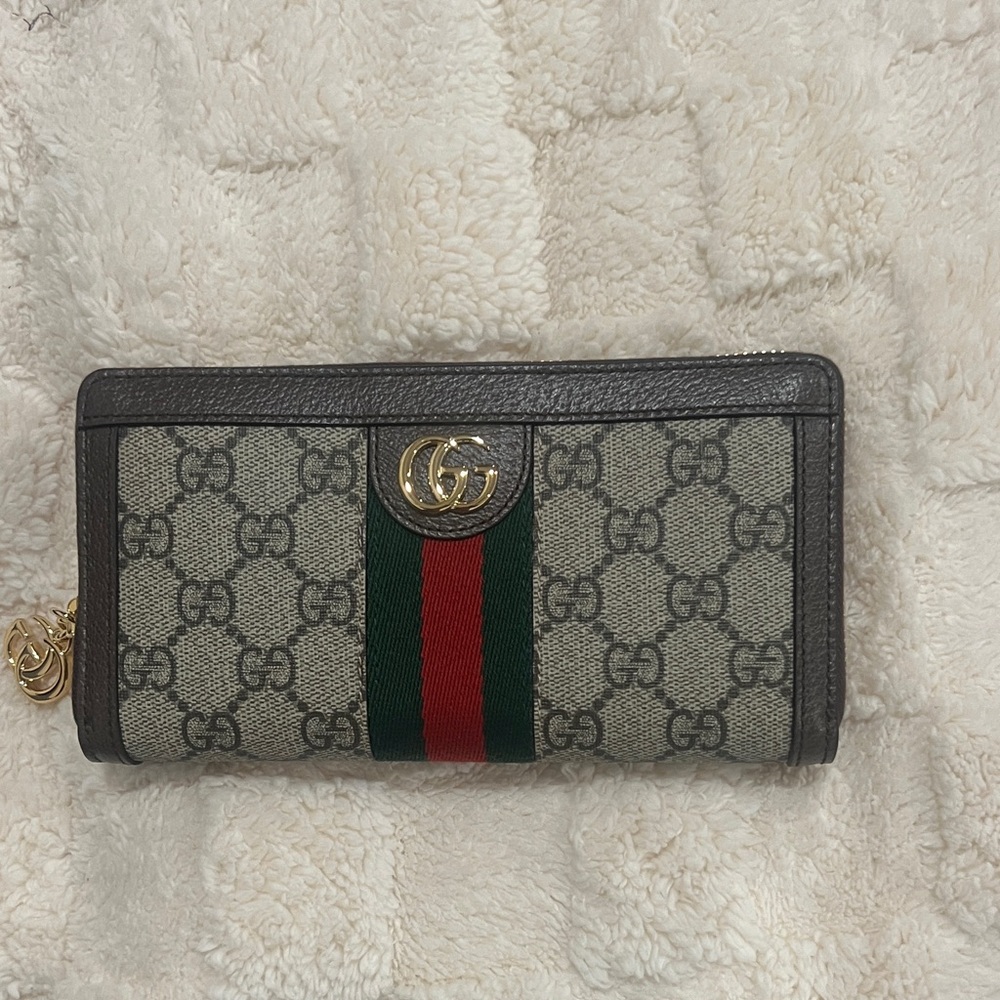 Gucci Beige and Dark Brown Wallet with Green and Red Stripe